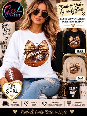 Football Graphic Sweatshirt Sparkle Bow Game Day Shirt | Women’s S–XL Black